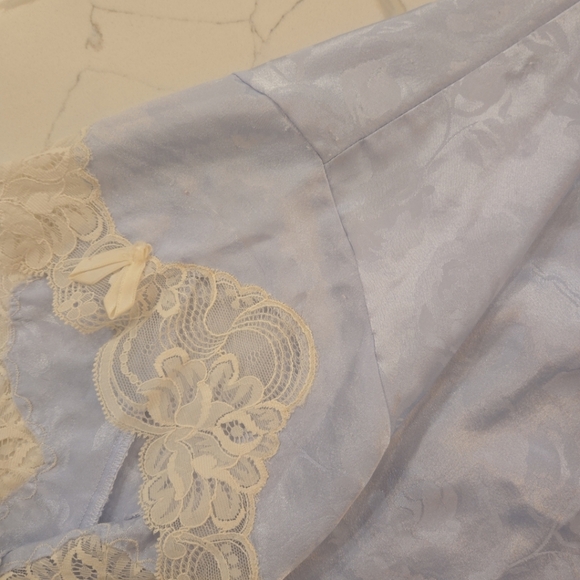 VTG Christian Dior Floral Lace Bow Satin Negligee Pajama Set Light Blue Large - Picture 12 of 15